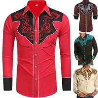 Muške Zapadne dugih rukava Ležerne tanko dugme dole haljina košulja bluza crvena XL