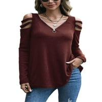 Majica Glookwis Ladies V izrez Casual Tee Solid Color Majica s dugim rukavima Daily Caret XL