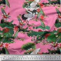 Sandhill Crane tkanine Soimoi Pamuk Poplin, lišće i lotus cvjetni otisak tkanine