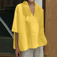 Lastsose Summer Casual Plus size za žene Pamučne posteljine V izrez obični bluze pola rukava Loop Fit