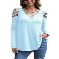 Noilla Women TEE čvrsta boja majica dugih rukava majica dame labavo pulover v Tops izrez svijetlo plava
