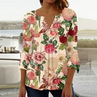 Huachen gumb dolje majice za žene Ljeto cvjetni print tunijski vrhovi Dressy Casual Bell rukava V izrez