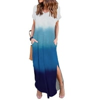 Maxi haljina za ženske ležerne duge haljine kratki rukav Split V izrez tisak maxi plaže haljine plava, xxl
