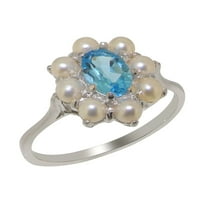 Britanci izrađeni sterling srebrni prirodni plavi topaz i kultivirani biserni ženski godišnjički prsten
