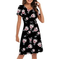 B91XZ maturalne haljine za žene za žene Ljetne haljine kratki rukav moda O vrata Print haljina mini ljuljačka Boho Beach Sundress Womens Plus Size haljine crne boje, veličine xxl