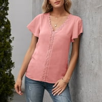 Caveitl Woman Tops, Ženska ljetna modna casual čvrsta majica V-izrez kratki rukav bluza ružičasta, l