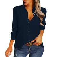 Ženska bluza casual gumb dolje majice V-izrez dugih rukava uredski radni bluze s džepom Blusas mujer