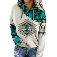 Pyju ženski zapadni azdec kapuljač za jesen, etnički geometrijski grafički pulover vrhovi casual dugih