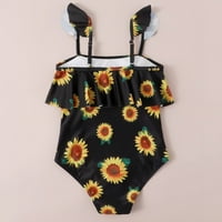 Djevojke kupaći ruffles cvjetni print ruffle hem jednom komad crne habanje na plaži Bikini, veličine
