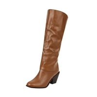 Visoke čizme za žene za žene Chunky Block Heel Boot Jesen i zimske fleke zapadne kaubojske čizme