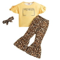 Djevojke Ljetne odjeće odijelu Abeceda Žuta Vrh Leopard Ispiši pantalone majica Flared Hlače Headwear
