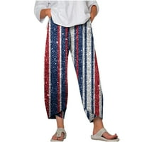 Capri pantalone za žene obrezane hlače Nezavisni dan Ispis Elastični struk Tulip Hem pamučne posteljine