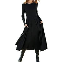 Šusuen ženska klasična modna čvrsta džepa okrugla vrata dugih rukava haljina za žene 3122