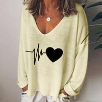 Ženska modna casual tiska V-izrez Labavi majica s dugim rukavima TOP bluza pulover žuti xxxxxl