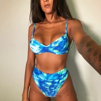 Ženska ljetna modna seksi ispisana V-izrez Halter bikini kupaći kostimi plavi s
