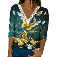 Žene dugih rukava V Vrući izrez cvjetni ispis čipkasti bluza casual labava udobna majica zelene veličine