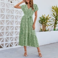 Vanjske esencijalnosti Otemrcloc ženski kratki rukav za omot V-izrez cvjetne haljine ljetna sunčana haljina za žene casual zelene s
