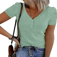 Ženska gumba s kratkim rukavima V izrez rebraste košulje vrhunskog ljeta pune boje casual tee
