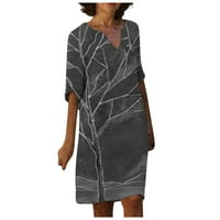 Ženske haljine klirence midi haljina, labavi ispisani kratki rukav letnji haljina s V-izrezom siva 2xl