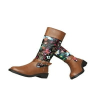 Ženske vintage mid-calf čizme Ležerne prilike niske potpetice Neklizne cvjetne ispis Zimske cipele Crne