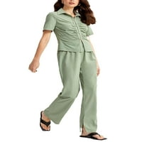 Ležerne prilike sa čvrstim kratkim rukavima zelene ženske bluze i široke pantalone za noge
