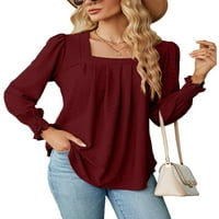 Glonme ženska tunika bluza Trg vrata majica s dugim rukavima majica dame labavi tee modni nabori vino vino crveno l