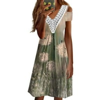 Ljetne haljine za ženske čipke čipke kratkih rukava imitacija pamučne haljine za ispis zelena m