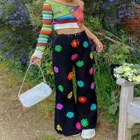 Ženske kukičane široke noge duge hlače Y2K seksi pleteni cvjetni print Vidi kroz ulicu Streetwear