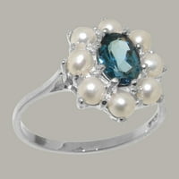 Britanci napravio 9k bijeli zlatni prirodni London Blue Topaz i kultivirani biserni ženski Obećani prsten