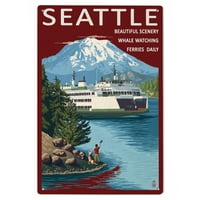 Seattle, Washington, trajekt i planina Rainier Scene Birch Wood Zidni znak