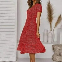 Ženska V-izrez Polka Dot cvjetni ispis Ruffle swight haljina s kratkim rukavima Proljeće ljeto crveno