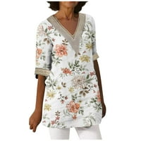 Feternal ženska modna labava ležerna tiskana čipkasti patchwork V-izrez V-izrez Top bluze za žene srušeno