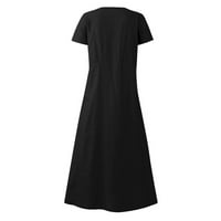 Ljetne haljine za ženske ležerne haljine od pune boje O-izrez džep s kratkim rukavima, crne haljine