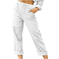 Clearance visoke struk Žene Ležerne tipke džepove za zavoj elastične struke Udobne ravne hlače bijela