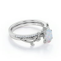 Postavke prong 1. Carat Ovate Rainbow Opal i moissanitni dizajn lišća vjenčanog prstena u 18k bijelo