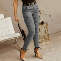 DTIDTPE Cargo Hlače žene, ženska casual solidne boje patentni džepni džepni dizajn casual teretnih hlača bez remena sive