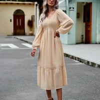 Žene V izrez Haljine Ležerne prilike pune boje Tal Tunic Dugi rukav moda Midi haljine koktel haljine bež xl