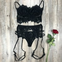 Karolilly Women Transparent Lace grudnjak + gaćice + suspender, čisti cvjetni seksi seksi donjeg rublja