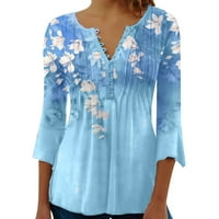 Huaai Womens Bluzes Vintage print V rect rukav Slim Striped casual party closety bluza svijetlo plavi