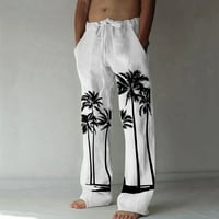 Yolai Muška modna casual malog ispisa pamučna i posteljina otisnuta posteljina čipkaste pantalone Velike
