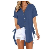 Ženska majica s gumbom Summer Lapel ovratnik kratki rukav Tees posteljina majica labava tunika bluza