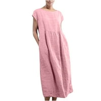 Plus veličina haljine za žene modne pamučne posteljine čvrste boje Crewneck Maxi haljina s kratkim rukavima