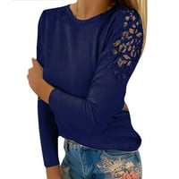 Žene vrhovi ženski okrugli izrez čvrste boje šuplje šivanje majica s dugim rukavima plave veličine 4xl