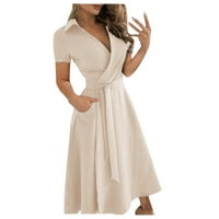 Haljine za žene V-izrez kratka casual mini puna kratka rukava ljetna haljina bež l