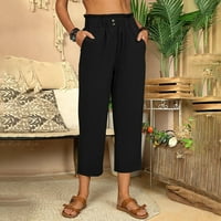 HVYesh ženske široke pamučne posteljine kapri hlače Ljeto elastično visoki struk povremene ravne pantalone