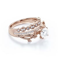 Ring listovog lista, Boho & Hipie 2. KRATA Okrugli rez dijamantski moissan zaručni prsten, vjenčani prsten u sterlingu srebrnom sa 18k ružičastom pozlaćenjem, poklon, obrok prsten, trio set, podudaranje