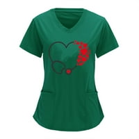 Ženski kratki rukav scrub_tops s džepovima zazor ljetne vintage majice Dame Spring Tops Radna uniforma Tunika za nošenje s namirnicama Love Heart Graphic V izrez zeleni XL