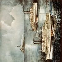 Currier & Ives. Ispis C.1856- Stečani brodovi prolaze u ponoć na Long Island Poster Print