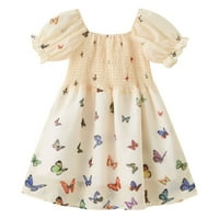 Toddler Kids Baby Girls Modna haljina Kvadratna vrata Leptir Print Puff rukave haljine s punim bojama
