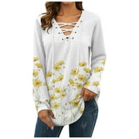 $ I pod ženskim vrhovima majice za žene dugih rukava labav pulover bluze V-izrez cvjetne ženske majice